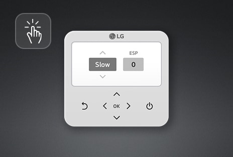 El control remoto LG con un ícono táctil, flechas y botones para “Lento” y “ESP”. En la pantalla aparece “Lento” y “0”.