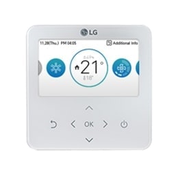 El control LG Controlador Individual cuenta con un control táctil en la mitad inferior y un panel de visualización en la mitad superior que muestra información climática.