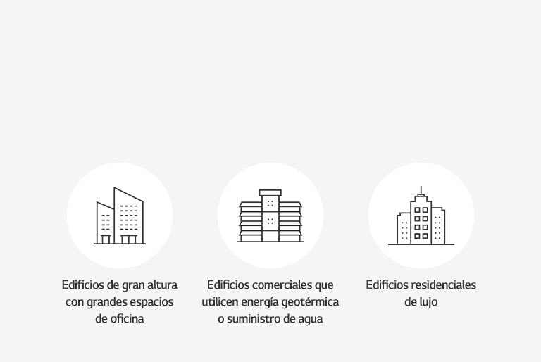 Tres círculos blancos de izquierda a derecha representan la línea de una oficina a gran escala, un edificio comercial y una zona residencial de lujo en el centro.