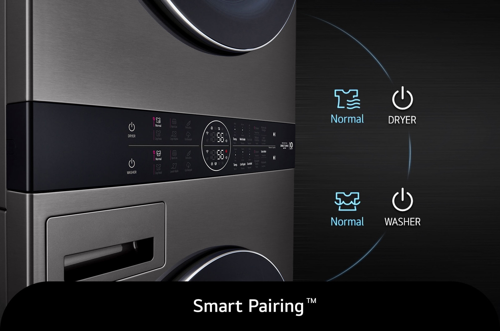 Primer plano de la función Smart Pairing™ de la LG WashTower® WK25BS6, que sincroniza automáticamente el ciclo de secado con el ciclo de lavado seleccionado.