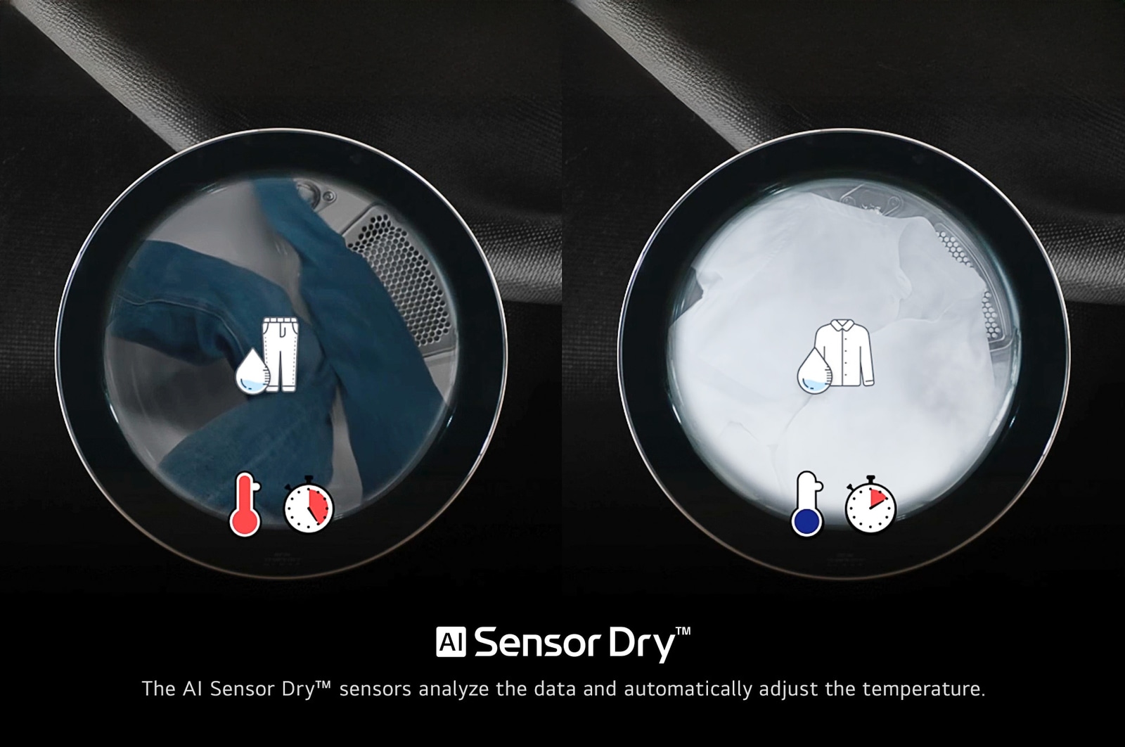 La función AI Sensor Dry™ de la LG WashTower® WK25BS6, con un gráfico que muestra sus sensores analizando la humedad de la tela para un secado óptimo.