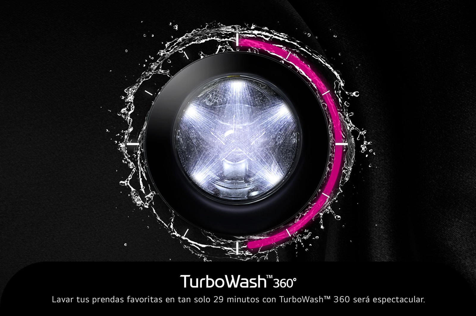 Gráfico de la función TurboWash™ 360° de la LG WashTower® WK25BS6, que proporciona una limpieza profunda en solo 29 minutos.