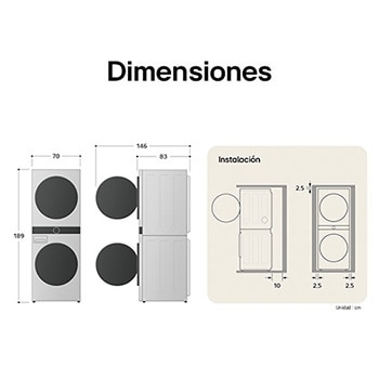 Dibujo técnico de la LG WashTower® WK25BS6: A 70 cm, Al 189 cm, F 83 cm (puerta abierta 146 cm), incl. espacios de instalación.
