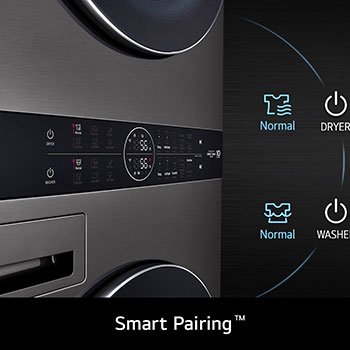 Primer plano de la función Smart Pairing™ de la LG WashTower® WK25BS6, que sincroniza automáticamente el ciclo de secado con el ciclo de lavado seleccionado.