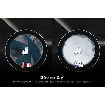 La función AI Sensor Dry™ de la LG WashTower® WK22WS6E, con un gráfico que muestra sus sensores analizando la humedad de la tela para un secado óptimo.