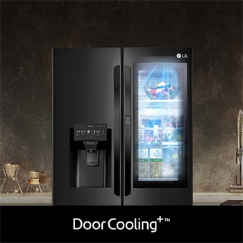 Refrigerador LG GM28XID con DoorCooling+: gráfico y efecto visual que demuestran un enfriamiento más rápido y uniforme, especialmente en la puerta.