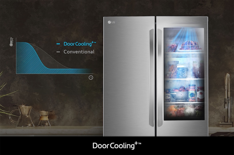 Refrigerador LG GM39BVP con DoorCooling+: gráfico y efecto visual que demuestran un enfriamiento más rápido y uniforme, especialmente en la puerta.