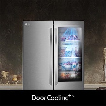 Refrigerador LG GM39BVP con DoorCooling+: gráfico y efecto visual que demuestran un enfriamiento más rápido y uniforme, especialmente en la puerta.