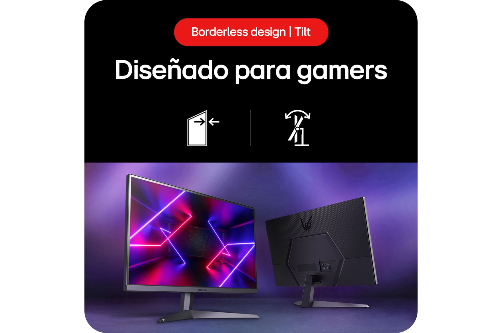 Monitor Gaming LG UltraGear 24GS50F, que destaca el diseño sin bordes y la función de inclinación (Tilt) del soporte, diseñado para gamers.
