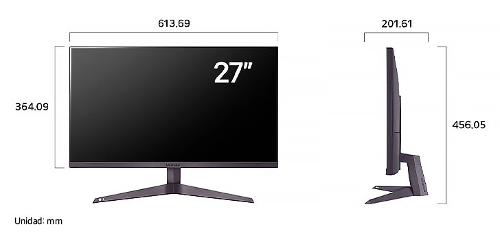 Monitor LG UltraGear 27GS50F mostrando las dimensiones en vista frontal y lateral, midiendo 613.69 mm de ancho, 364.09 mm de alto de pantalla, 456.05 mm de altura total y 201.61 mm de profundidad.