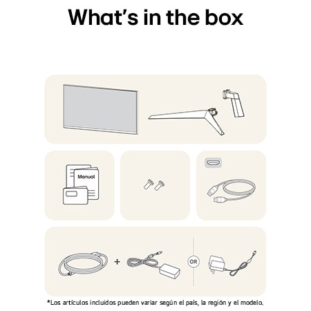 Imagen de los accesorios incluidos con el Monitor LG UltraGear 27GS50F, detallando el manual, adaptador de corriente CA y las opções de cable HDMI o DisplayPort incluido.