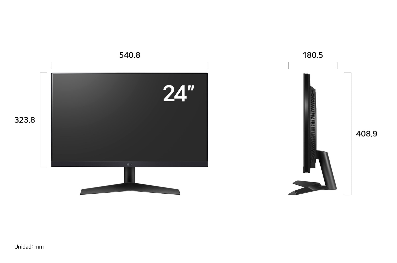 Monitor LG UltraGear 24GS60F mostrando las dimensiones en vista frontal y lateral, midiendo 540.8 mm de ancho, 323.8 mm de alto de pantalla, 408.9 mm de altura total y 180.5 mm de profundidad.