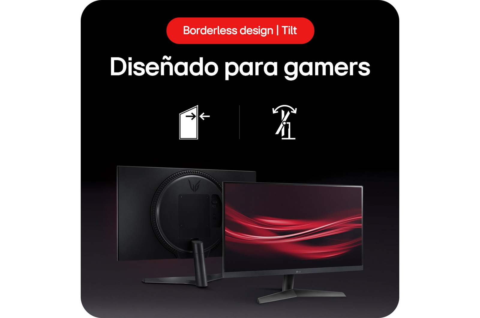 Monitor Gaming LG UltraGear 24GS60F, que destaca el diseño sin bordes y la función de inclinación (Tilt) del soporte, diseñado para gamers.