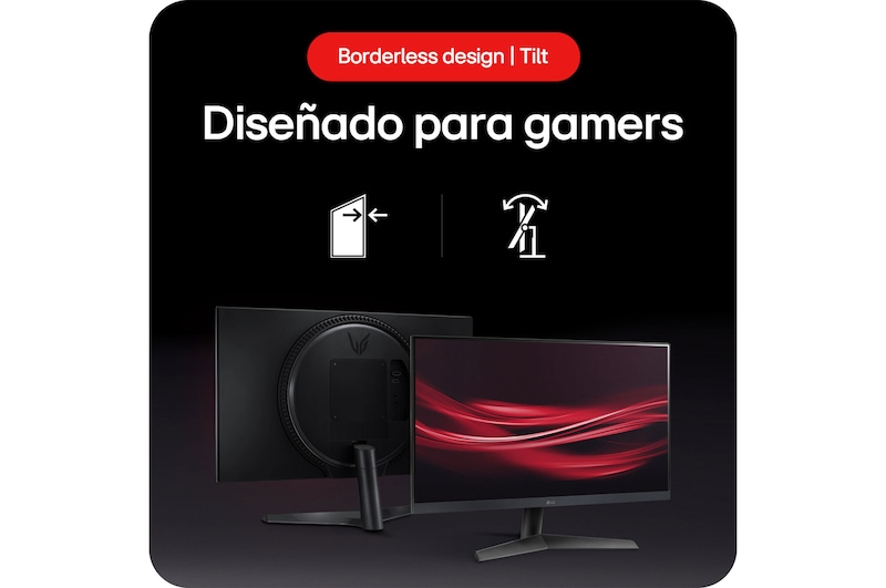 Monitor Gaming LG UltraGear 24GS60F, que destaca el diseño sin bordes y la función de inclinación (Tilt) del soporte, diseñado para gamers.