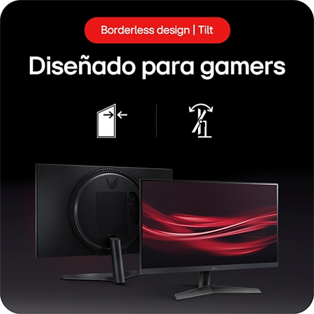 Monitor Gaming LG UltraGear 24GS60F, que destaca el diseño sin bordes y la función de inclinación (Tilt) del soporte, diseñado para gamers.