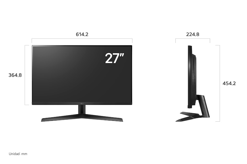 Monitor LG UltraGear 27GS60F mostrando las dimensiones en vista frontal y lateral, midiendo 614.2 mm de ancho, 364.8 mm de alto de pantalla, 454.2 mm de altura total y 224.8 mm de profundidad.