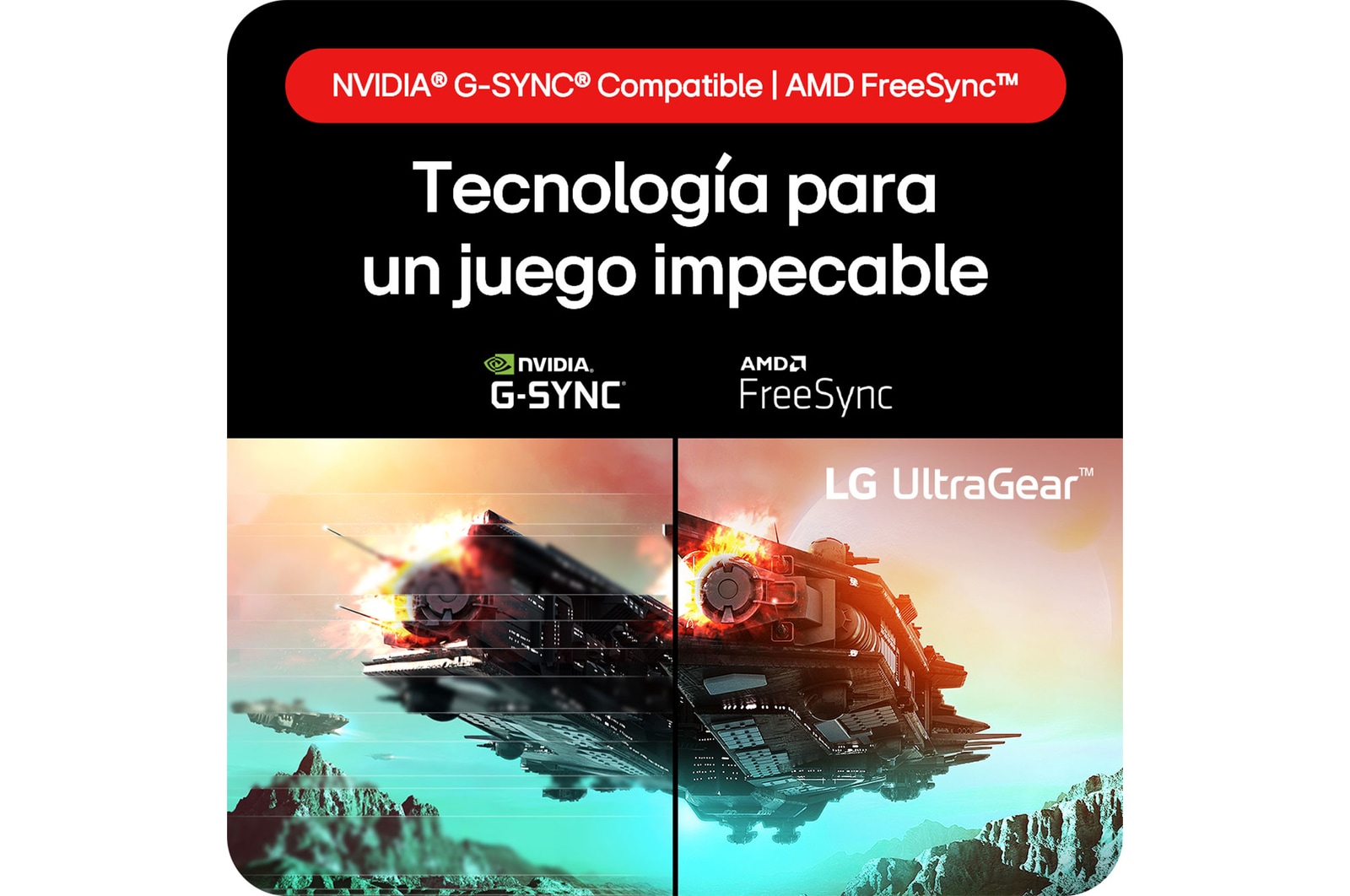 Monitor Gaming LG UltraGear 27GS60F, que ofrece tecnología para juegos impecables gracias a la compatibilidad con NVIDIA® G-SYNC® y AMD FreeSync™.