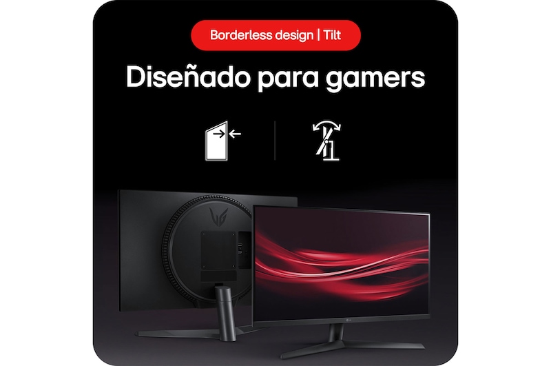 Monitor Gaming LG UltraGear 27GS60F, que destaca el diseño sin bordes y la función de inclinación (Tilt) del soporte, diseñado para gamers.