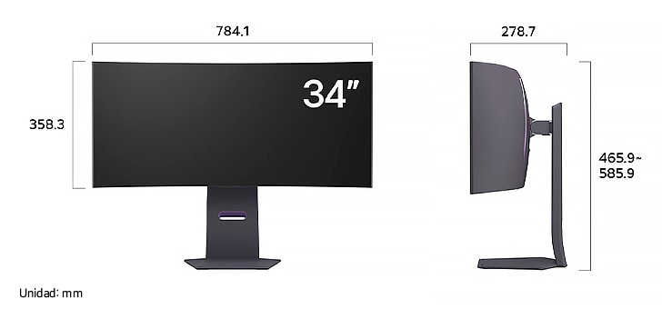 Monitor LG UltraGear 34GS95QE mostrando las dimensiones en vista frontal y lateral, midiendo 784.1 mm de ancho, 358.3 mm de alto de pantalla, 465.9 - 585.9 mm de altura total y 278.7 mm de profundidad.