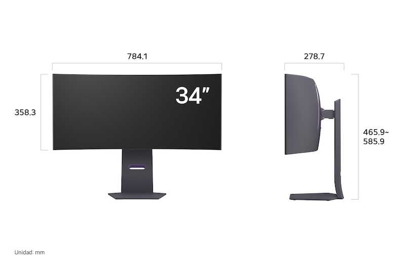 Monitor LG UltraGear 34GS95QE mostrando las dimensiones en vista frontal y lateral, midiendo 784.1 mm de ancho, 358.3 mm de alto de pantalla, 465.9 - 585.9 mm de altura total y 278.7 mm de profundidad.