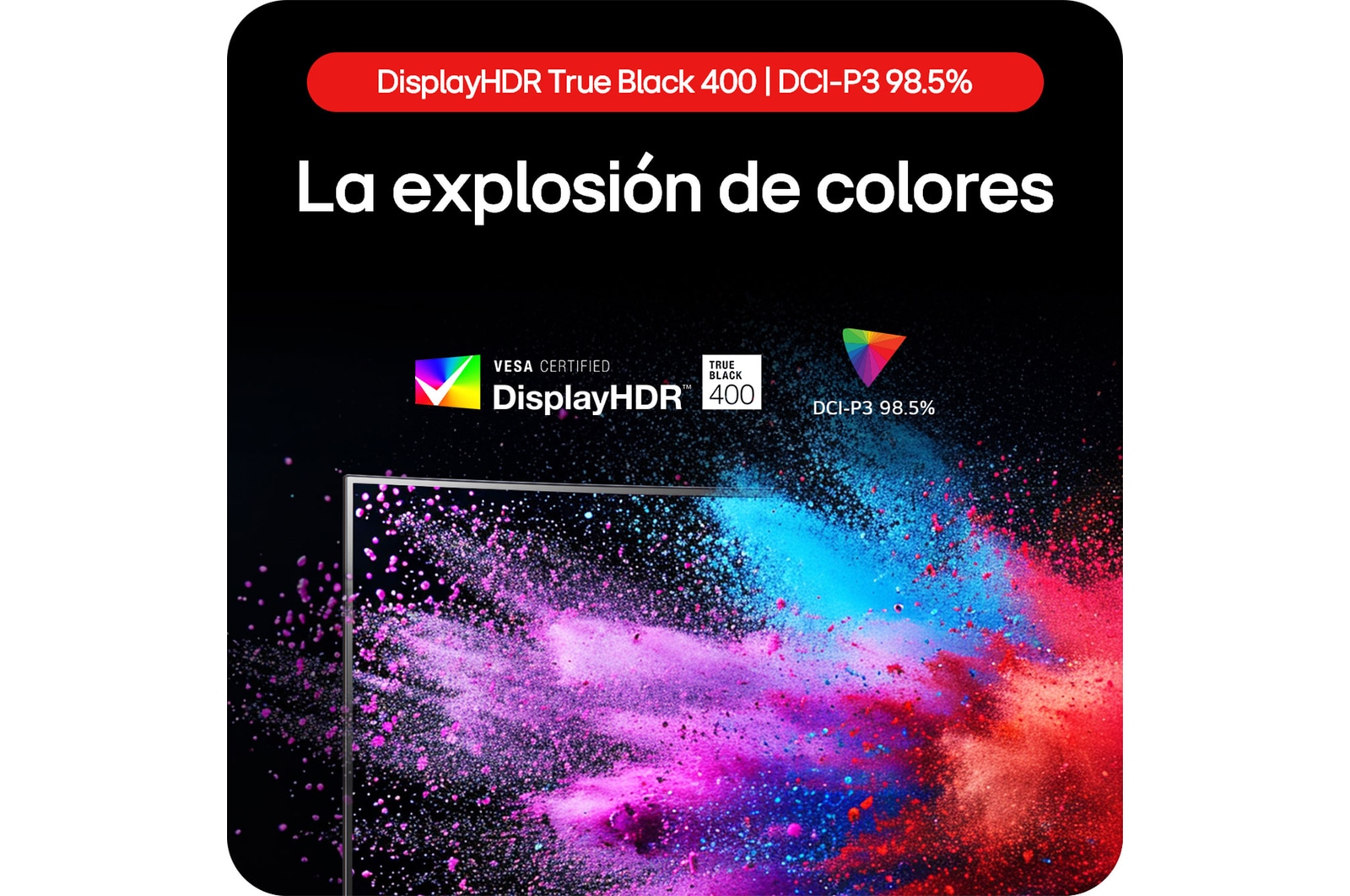 Monitor Gaming LG UltraGear 34GS95QE mostrando una explosión de colores gracias a DisplayHDR True Black 400 y a la cobertura de DCI-P3 98.5%.