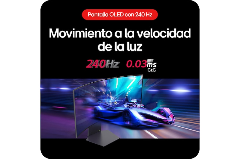 Monitor Gaming LG UltraGear 34GS95QE ofreciendo movimientos increíblemente rápidos en juegos gracias a su tasa de refresco de 240 Hz y tiempo de respuesta de 0.03 ms (GtG).
