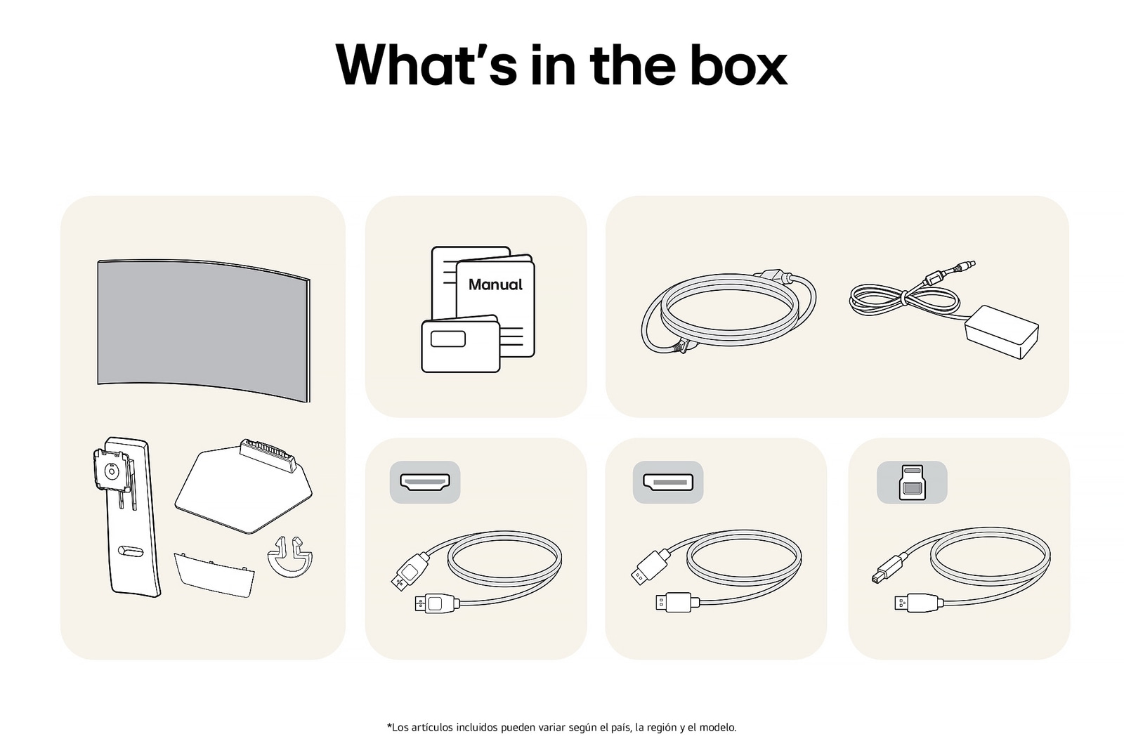 Monitor Gaming LG UltraGear 34GS95QE mostrando un resumen de todos los componentes incluidos, incluyendo cuerpo del monitor, piezas del soporte, manual y cables HDMI, DP y USB.