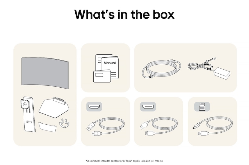 Monitor Gaming LG UltraGear 34GS95QE mostrando un resumen de todos los componentes incluidos, incluyendo cuerpo del monitor, piezas del soporte, manual y cables HDMI, DP y USB.