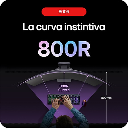 Monitor Gaming LG UltraGear 34GS95QE demostrando su inmersiva curvatura 800R, que abarca intuitivamente el campo de visión periférico del jugador.