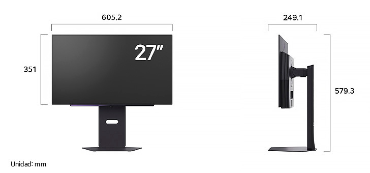 Monitor LG 27GX790A en acabado oscuro mostrando las dimensiones en vista frontal y lateral, midiendo 605.2 mm de ancho, 351 mm de alto de pantalla, 579.3 mm de altura total y 249.1 mm de profundidad.