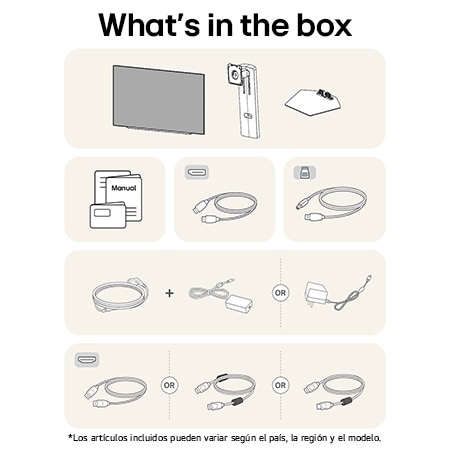 Monitor LG 27GX790A mostrando un resumen de todos los componentes incluidos, incluyendo cuerpo del monitor, piezas del soporte, manual, adaptador de corriente y cables HDMI y DP.