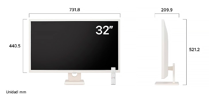 Monitor Inteligente LG 32SR50F en acabado blanco mostrando las dimensiones, midiendo 731.8 mm de ancho, 440.5 mm de alto de pantalla, 521.2 mm de altura total y 209.9 mm de profundidad.
