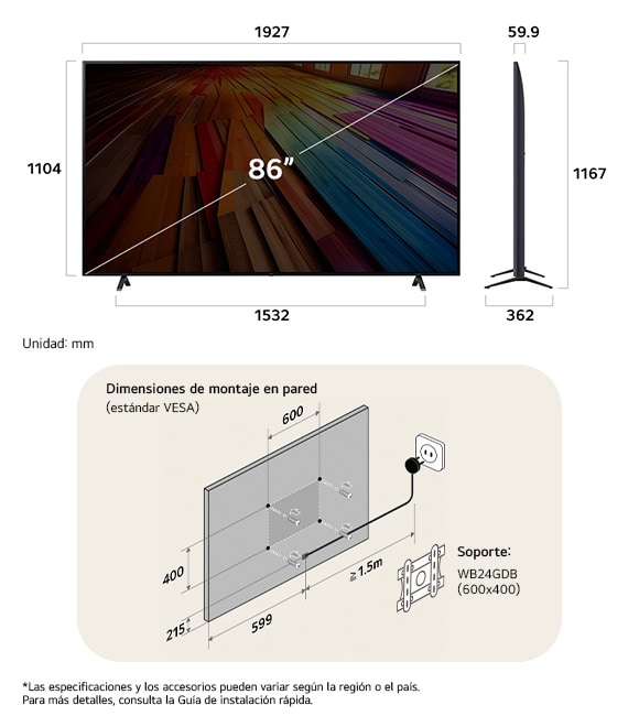 ¡Vista de dimensiones del LG UHD AI 4K UT80 86-inch, 1927×1167×362 mm, panel 59.9 mm, VESA 600x400.