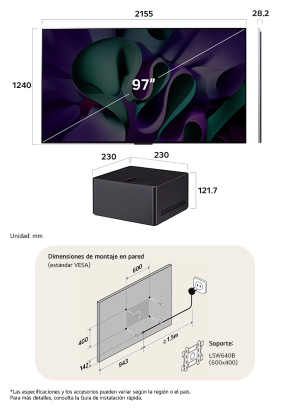 ¡Vista de dimensiones del LG OLED evo AI M4 4K 97-inch, panel 28.2 mm, VESA 600x400, Zero Connect Box 230×230×121.7 mm.