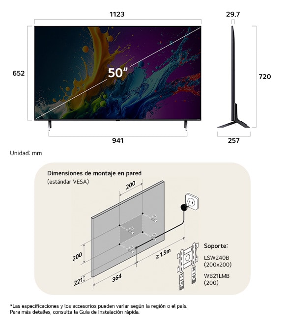 ¡Vista de dimensiones del LG QNED MiniLED AI QNED80 4K 50-inch, 1123×720×257 mm, panel 29.7 mm, VESA 200x200.