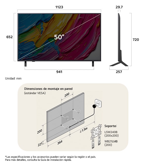¡Vista de dimensiones del LG QNED MiniLED AI QNED80 4K 50-inch, 1123×720×257 mm, panel 29.7 mm, VESA 200x200.