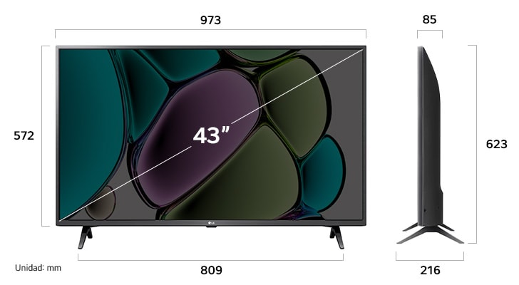 ¡Vista de dimensiones del LG Full HD LR67 Smart TV 43-inch, 973×623×216 mm, panel 85 mm.