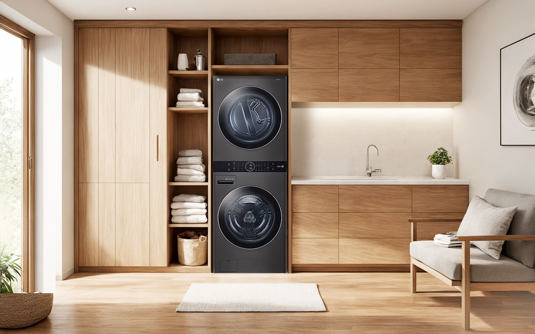 Un cuarto de lavado moderno con gabinetes de madera, que incluye una LG WashTower, toallas dobladas y decoración minimalista.