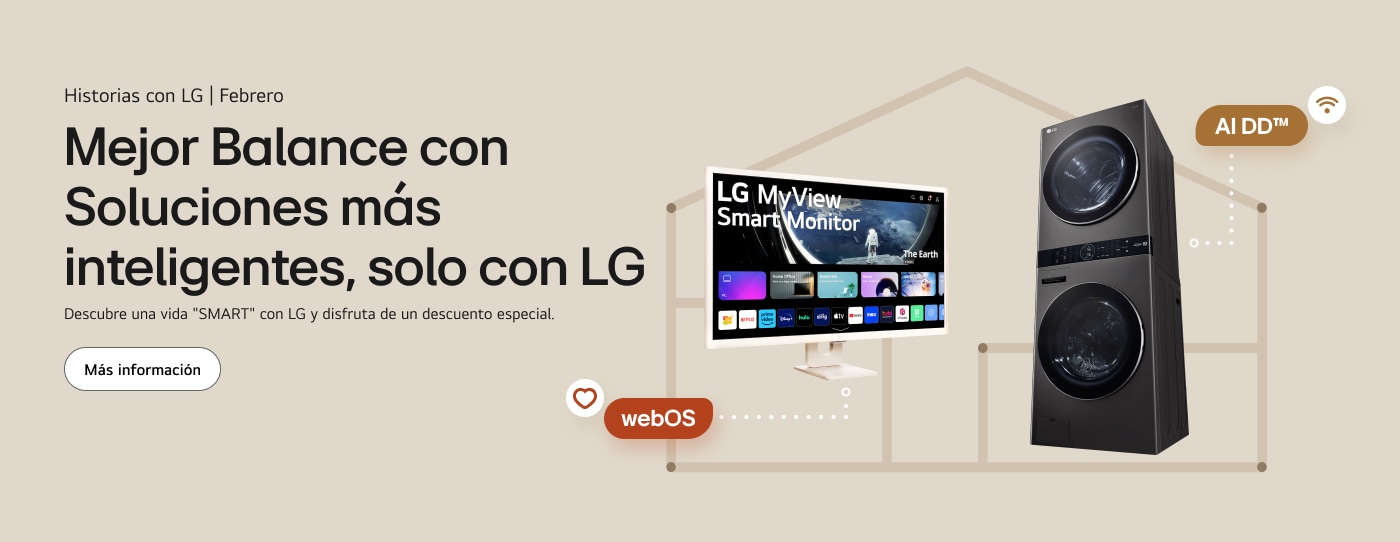 Una elegante lavadora LG y un Monitor LG exhibidos lado a lado, promoviendo una vida más inteligente y equilibrada.