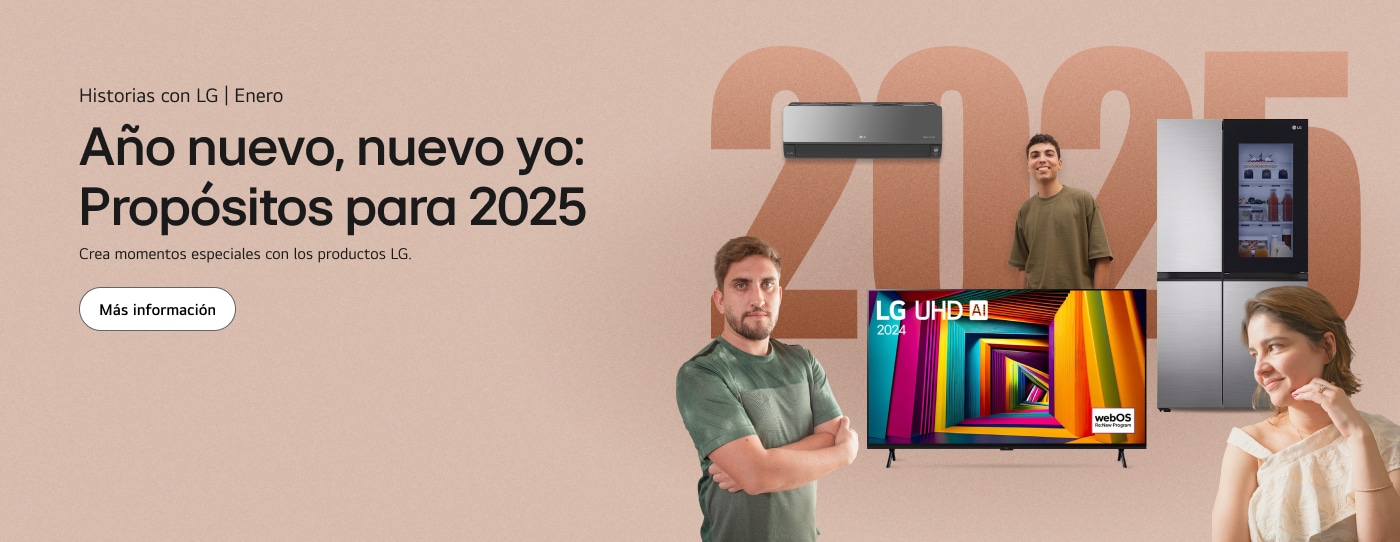 Productos LG con refrigerador, aire acondicionado y televisor, con dos hombres y una mujer sonriendo.