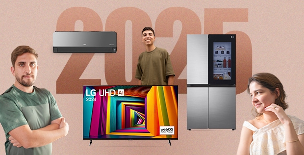 Productos LG con refrigerador, aire acondicionado y televisor, con dos hombres y una mujer sonriendo.