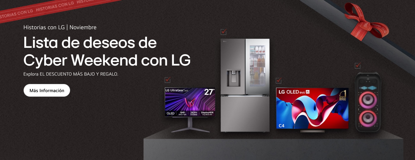 La lista de deseos de un vendedor de LG, que incluye un monitor LG UltraGear, un refrigerador InstaView, un televisor LG OLED y un altavoz Xboom, se coloca dentro de una caja de regalo.