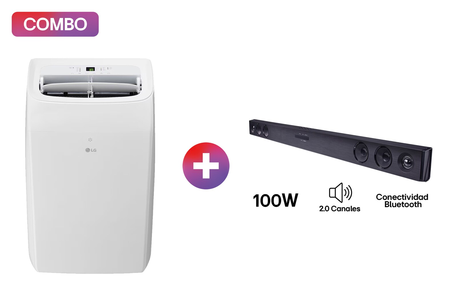 Vista frontal de LG AC Portátil, 1 Ton, Frío y Calor (Voltaje 115V / 60HZ) + LG Soundbar | Barra de sonido LG SK1D | 2.0 canales | conectividad Bluetooth® LP1425WHOB.SK1D