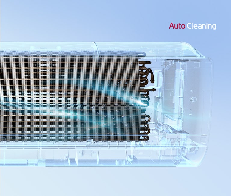 Aire acondicionado trabajando y con una luz azul, la autolimpieza se prende y baña con luz azul. El logo de AutoCleaning.