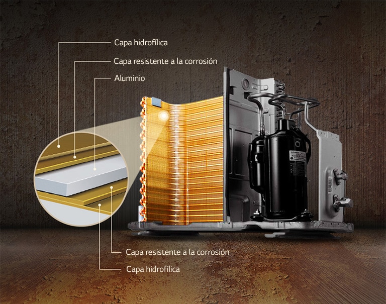 La tecnología Gold Fin™ protege la superficie del calor, mejorando la durabilidad y eficiencia del aire acondicionado.
