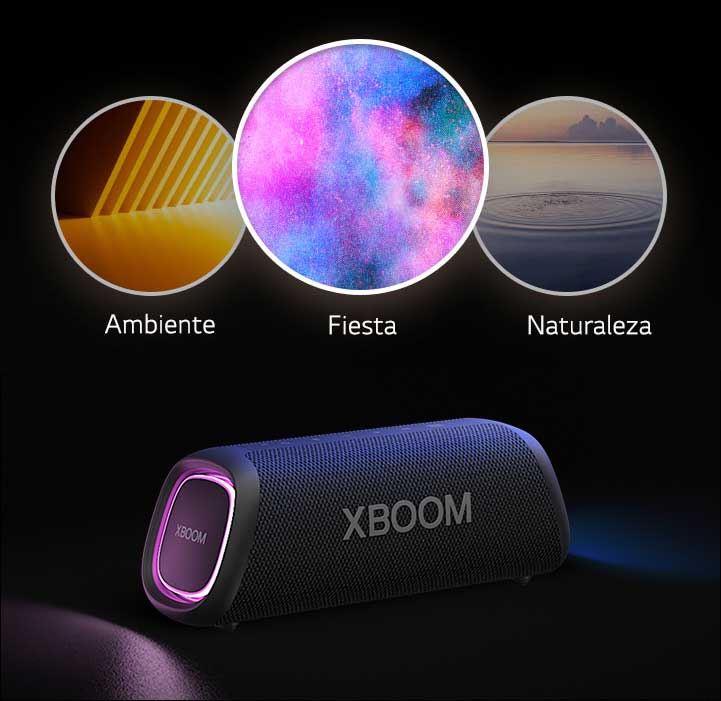 LG XBOOM Go XG7 con iluminación violeta se coloca en el suelo. En la parte superior de la bocina, muestra tres modos de Light Studio; ambiente, naturaleza y fiesta.