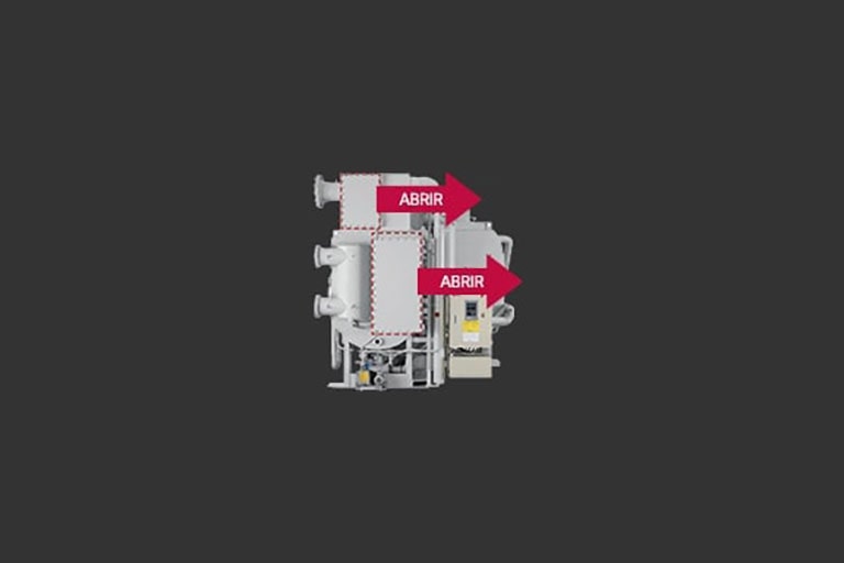 Vista frontal del Enfriador de Absorción de Fuego Directo de LG, dos rectángulos con contornos punteados y flechas rojas sugieren que estos componentes se pueden abrir.