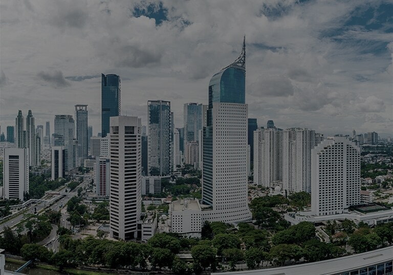 Vista panorámica de la ciudad con área verde y cielo azul.