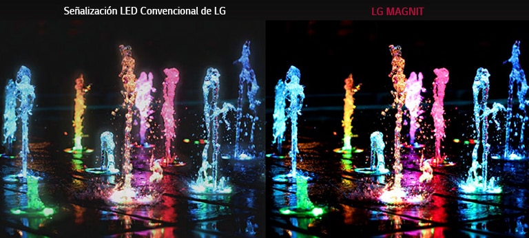 Fuente de piso con diferentes colores para mostrar la diferencia entre la señalización LED convencional de LG y MAGNIT en cuanto a la relación de contraste y la claridad