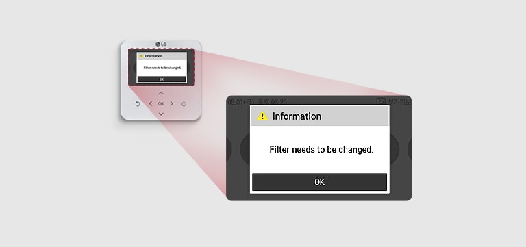 Control montado en la pared muestra un mensaje de error. En el centro, mensaje ampliado indica que se debe cambiar el filtro.